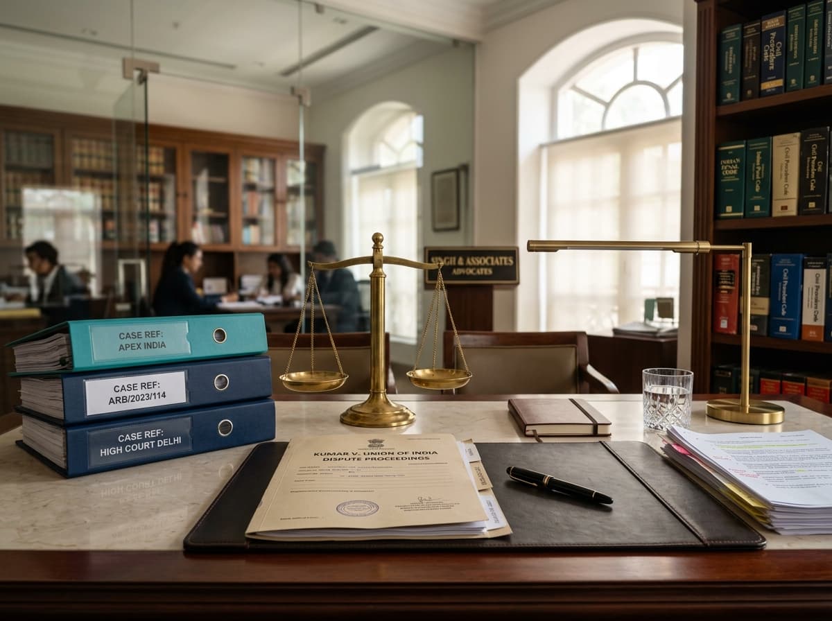 Scale of justice, legal case files, and documentation