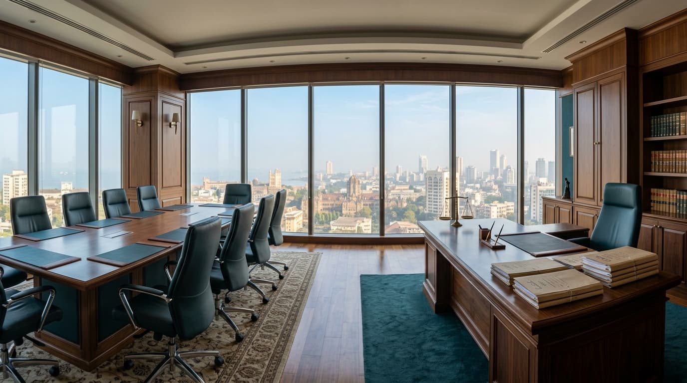 Executive dispute resolution chamber and boardroom overlooking High Court city skyline